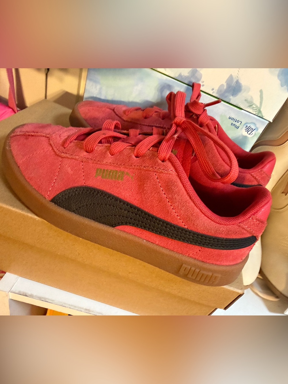 Puma Kids Red Suede Sneakers with Black Formstripe